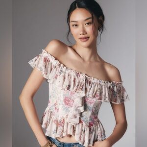 Anthropologie Floral Off-Shoulder Blouse - Pink and Cream